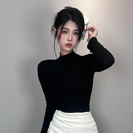 South Korea Dongdaemun New Sexy Chest Figure High Collar Tight Slimming All-match Long Sleeve T-shirt Women's Top
