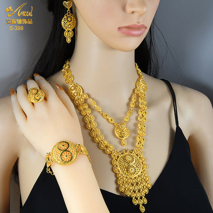 Gold-Plated Pendant Jewelry Set Bridal Wedding Jewelry Sand Gold Long Necklace Bracelet Ring Earrings Cross-Border Best-Selling Model