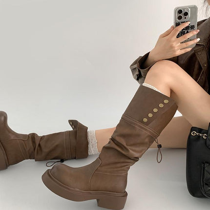 Maillard Brown Long Boots for Women 2025 New Spring and Autum Thick-Soled Retro High Knight Boots Pile Boots