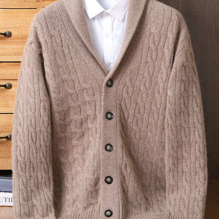 Thickened Autumn and Winter Retro Twisted Green Fruit Collar Cashmere Knitted Cardigan Men's Casual Sweater Loose Jacket Fashion