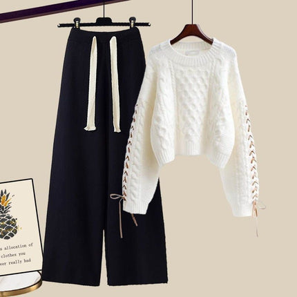 plus size Women's Autumn and Winter suit Women's 2024 New Pullover Knitted Sweater Women's Loose Slimming Wide Leg Pants Two-piece Set