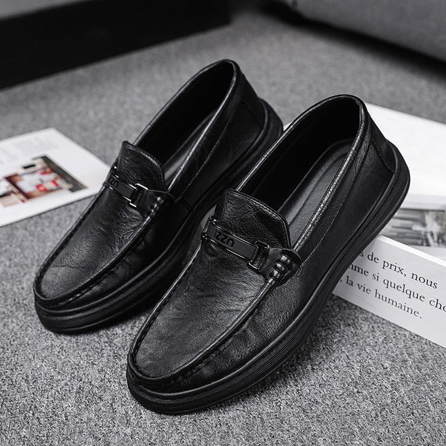Labor Insurance Work Men's Shoes Summer Business Dress Casual Leather Shoes Men's Slip-on Lazy Soft Bottom Bean Shoes Black