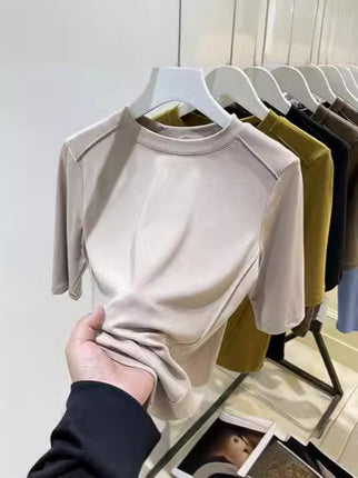 Fishbone Short-Sleeved T-Shirt for Women 2025 Spring New Design Sense of Design Slimming Look Elastic Mid-Sleeve Top T-Shirt