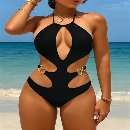 New European and American Style One-Piece Triangle Bikini Swimsuit, Sexy Hollow-Out Design with Beautiful Back and Halter Neck for Women