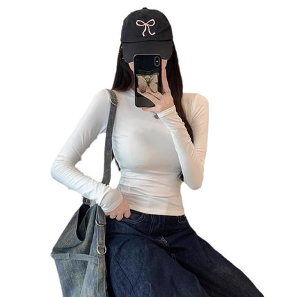 Foreign Trade Hot Girl Waist-Cinching Long-Sleeve T-Shirt for Women, Spring and Autumn Solid Color Slim-Fit Versatile Base Shirt, White Top