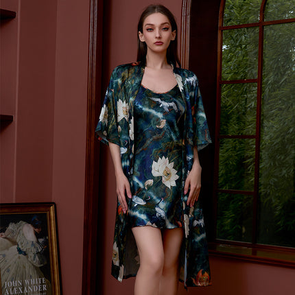 Cross-border printed nightgown suit women summer sexy ice silk middle sleeve plus size bathrobe silk bridal morning gown manufacturers wholesale
