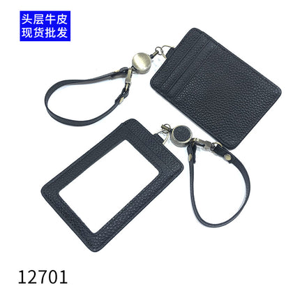 Fashion Genuine Leather Hangtag One-sided ID badge Wrist Wear Drawable Waist Card Bag Japanese and Korean Work Card Set