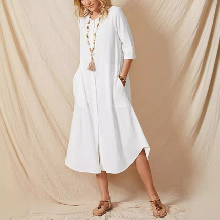 Cross-border wish AliExpress 2022 summer new women's 5-sleeve round neck single-breasted solid color cotton and linen dress