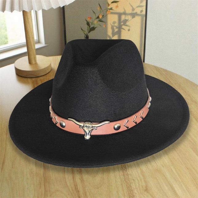 European and American Autumn and Winter Woolen Denim Jazz Felt Hat with Cow Head Label, Large Brim Fedora, Xizang Ethnic Style Outdoor Bucket Hat