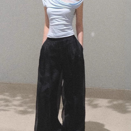 Oakmo/ "Season of Love" Pure Desire Slanted Shoulder Design Swing Collar Tencel Knitted Top T-Shirt