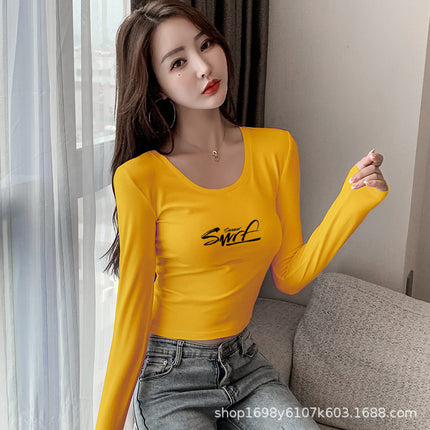 Long-Sleeved Short T-Shirt for Women with Low Collar, Slim Fit, Black High Waist, Exposed Navel, Sexy Tight-Fitting Crop Top for Women, Trendy