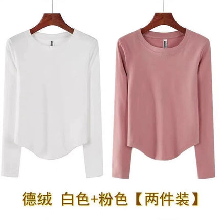 Autumn and Winter Thickened Short Irregular Long-Sleeve T-Shirt for Women, Brushed Slim-Fit Base Layer Top