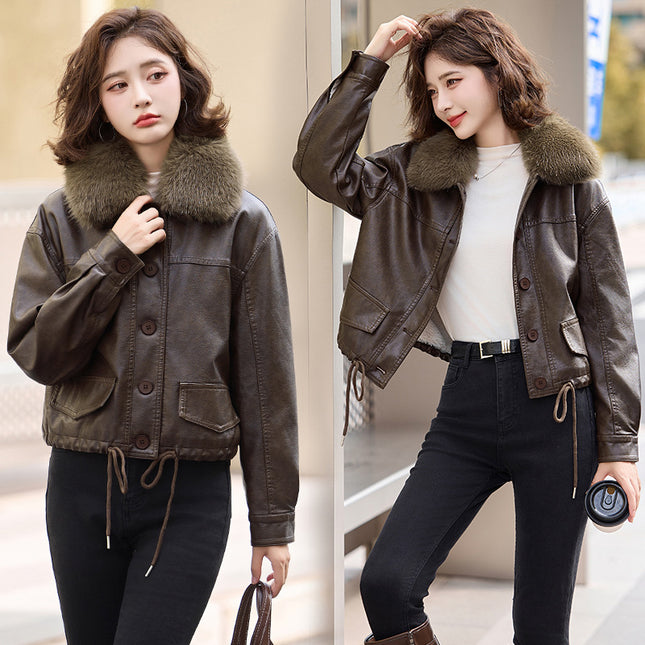 Fur Collar Leather Jacket Autumn and Winter fleece-lined Thickened 2024 Winter New Short PU Leather Motorcycle Jacket Top