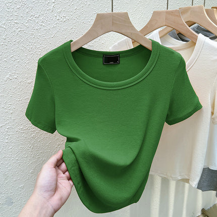 2025 New Summer U-Neck Right Shoulder T-Shirt Slim Design Niche Short-Sleeved Sexy Small Top for Women Export