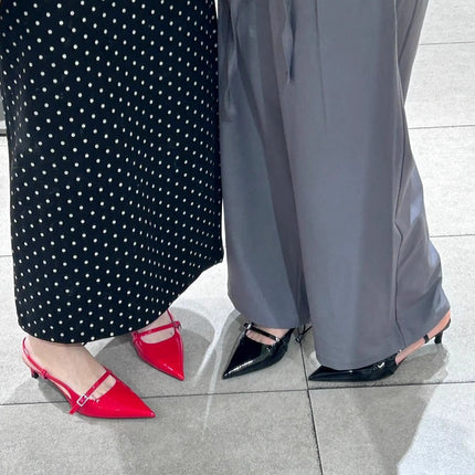Red Patent Leather Cat Heel Toe-Back Sandals Summer New Pointed Toe Buckle High-End Sexy Sandals
