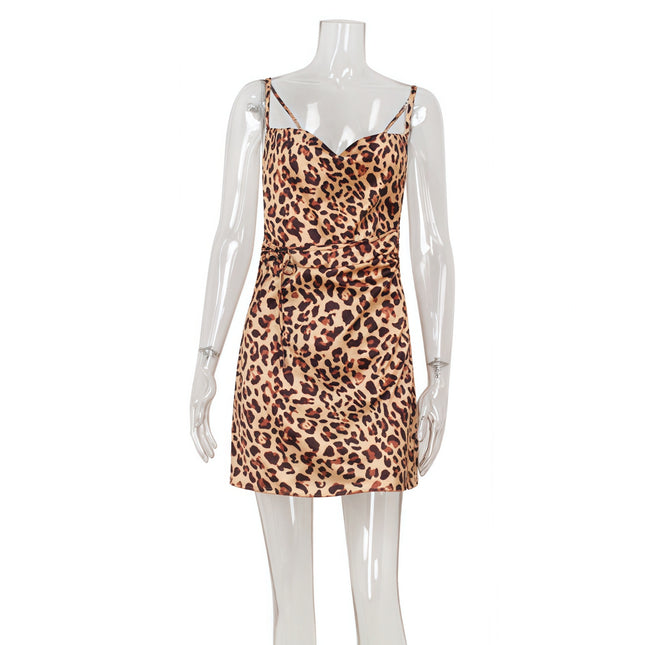 Pure Lust Style European and American Cross-Border Spring and Summer Women's Leopard Print Suspender Swing Collar Backless Sexy Hot Slim Short Dress