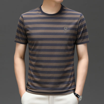 Mingdi Mouse Men's Summer New Short-sleeved Young and Middle-aged Crewneck T-shirt Business All-match Striped Men's T-shirt Top