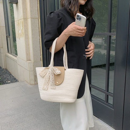 New woven bag shoulder bag simple handbag bucket straw bag seaside vacation leisure cotton rope tote bag