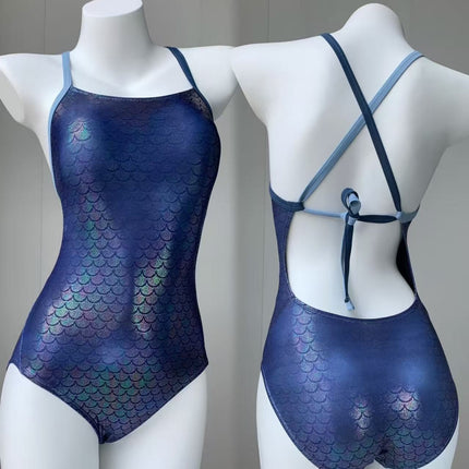 Mermaid Scale Slimming Look Small Breast Double Shoulder Sling Racing Sports Training Fixed Cup One-Piece Swimsuit for Women