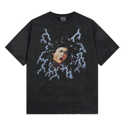 Saint Michael Cho Big Face European and American Retro Washed and Distressed Commemorative Portrait Short-Sleeved T-Shirt Trendy