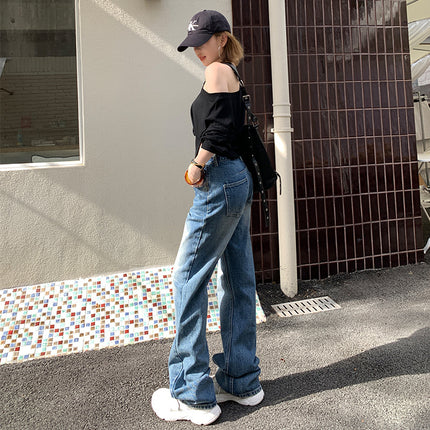 2025 summer new vintage distressed mid-waist straight pants women's loose slimming all-match floor-mopping jeans