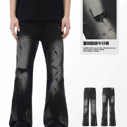 11Kn American Black Slightly Flared Ripped Jeans for Men and Women Washed Trendy Dark Knife Cut Destroyed Loose Casual Pants