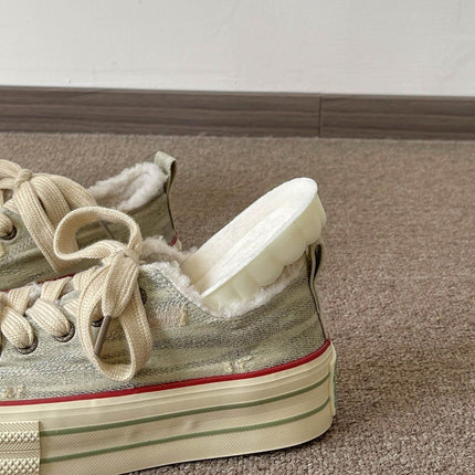 Korean Thick-Soled Canvas Shoes for Women 2025 New Design Niche Fleece-Lined Sneakers Casual Cloth Shoes Starlight Gold