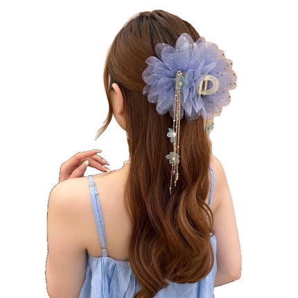 Spring and Summer New Style Versatile Hair Clip with Tassels, Flower Bow, and Mesh Flower Decoration
