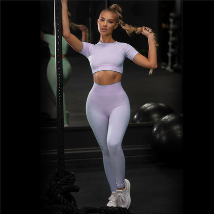 Seamless High Elastic Tight Yoga Suit suit Factory Women's Solid Color High Waist Sports suit Short Sleeve Pants Two Pieces Yoga