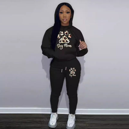 Fashion Joker Autumn and Winter Sweatshirt Sweatpants Two-Piece Leopard Pet Paw Letter Print