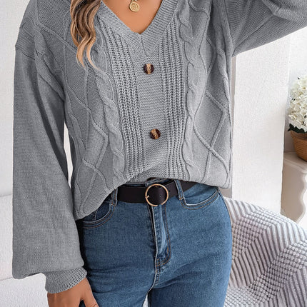 Big Sale 2024 Autumn and Winter Pure Color V Neck Button Twist Lantern Sleeve Pullover Sweater Amazon Cross-Border European and American Clothing