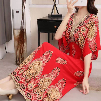Cross-border ethnic style V-neck cotton silk short-sleeved beach skirt Thailand travel dress summer printed holiday floral skirt