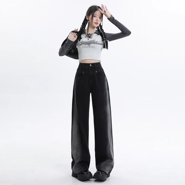 plus size Contrast Color Wide-leg Jeans Women's Fashionable All-match American Style High Waist Slimming High Street Design Sense Straight Long Pants