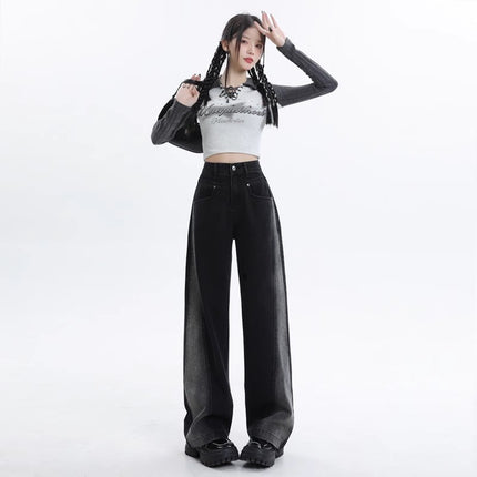 plus size Contrast Color Wide-leg Jeans Women's Fashionable All-match American Style High Waist Slimming High Street Design Sense Straight Long Pants