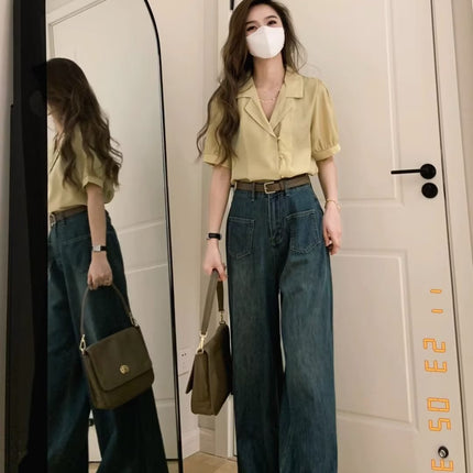 Small wide-leg jeans women's autumn high waist loose design straight plus size chubby girl loose mop pants