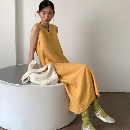 Love and Nancy Guangzhou Thirteen Lines Summer Original New Ramie V Neck Hollow Slit Smart Dress 22499
