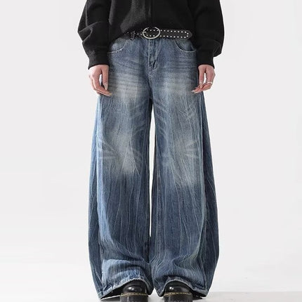 American High Street Vibe Lightning Crack Blue Jeans for Men and Women Trendy Straight Wide-Leg Pants Cross-Border Hot Style