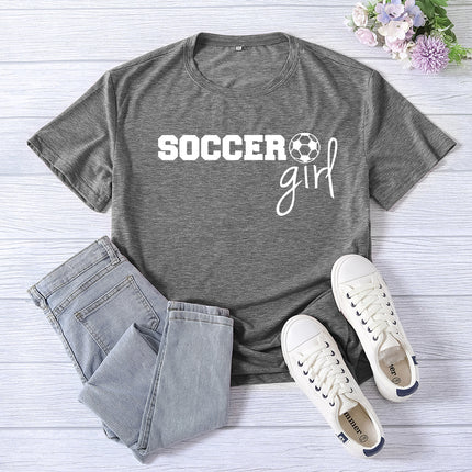 Amazon cross-border foreign trade soccer girl printed women's round neck top T-shirt summer casual European size plus size
