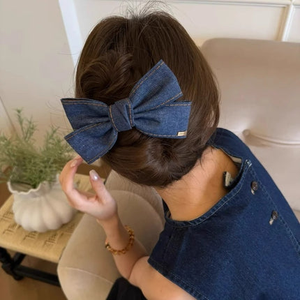 Korean-Style Denim Bow Large Duckbill Clip High-End Ponytail Clip Hair Accessory Half-Tied Ribbon Hairpin for the Back of the Head