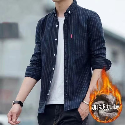 Shirt Men's Long-sleeved fleece-lined Thickened Korean Style Slim-fit Striped Scrub Men's Shirt Autumn Casual Trendy Coat
