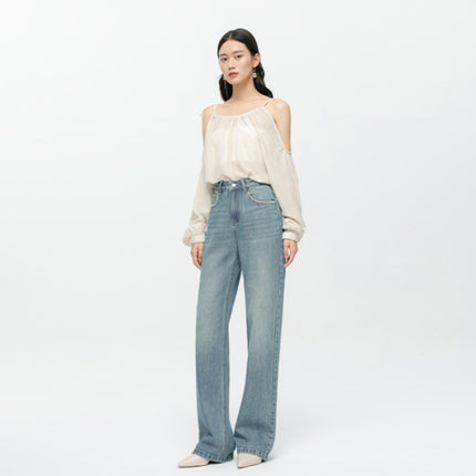 High-End 2026 Women's Jeans Spring Vintage Korean Style Simple Loose Drape High-Waisted Slimming Floor-Length Pants