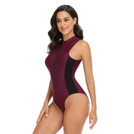 European and American Style One-Piece Swimsuit for Women, Tight-Fitting, Sleeveless, Slimming, Conservative, Zipper Style, Diving Suit, One-Piece, Color-Blocking