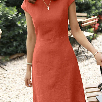 2023 Independent station Amazon new dress back zipper round neck solid color short sleeve cotton linen jumpsuit
