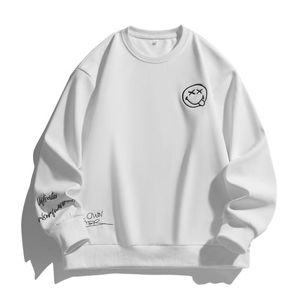 Smiley face embroidered heavy round neck sweater men's autumn new Japanese fashion brand all-matching boys plus size casual pullover