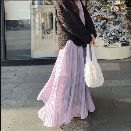Korean Style 2026 Spring and Summer New Fashion Elegant Skirt Versatile High-Waisted Autumn and Winter Pleated Loose Large Hem Long Skirt