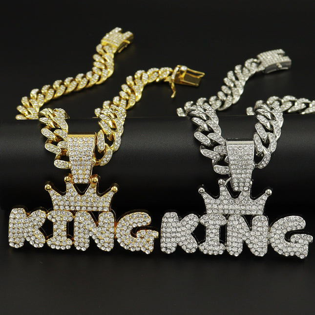 European and American INS TikTok Hip-Hop Alloy Necklace with Diamond Exaggerated Big Button Pendant Crown KING Letter Fashion Accessories