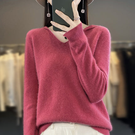 2024100 Soft Waxy Wool Hoodie for Women Manufacturer Wholesale Seamless Long-Sleeved Pullover Knitwear in Stock Fine Wool