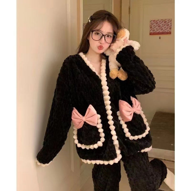 Flannel Autumn and Winter Pajamas Women's Sweet Internet Popular Ins Style Chanel Style Warm Long Sleeve Coral Fleece Home Clothes suit