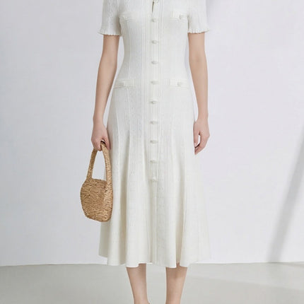 2026 New French-Style Elegant Socialite Short-Sleeve Knit Dress with Hollow-Out Ribbed Design and Single-Breasted Slim-Fit Long Dress