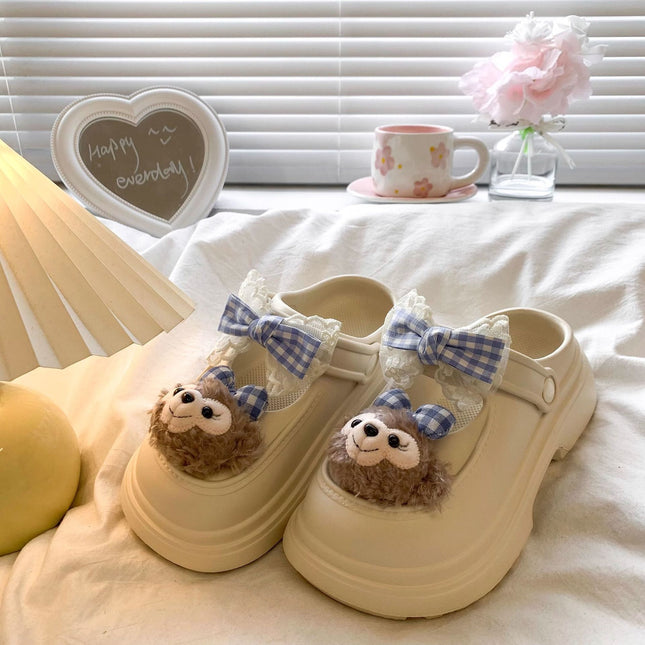 Princess Lace Bow Slippers Women's Spring and Summer Small Height-raising Baotou Slippers Two-way Slip-on Half Slippers